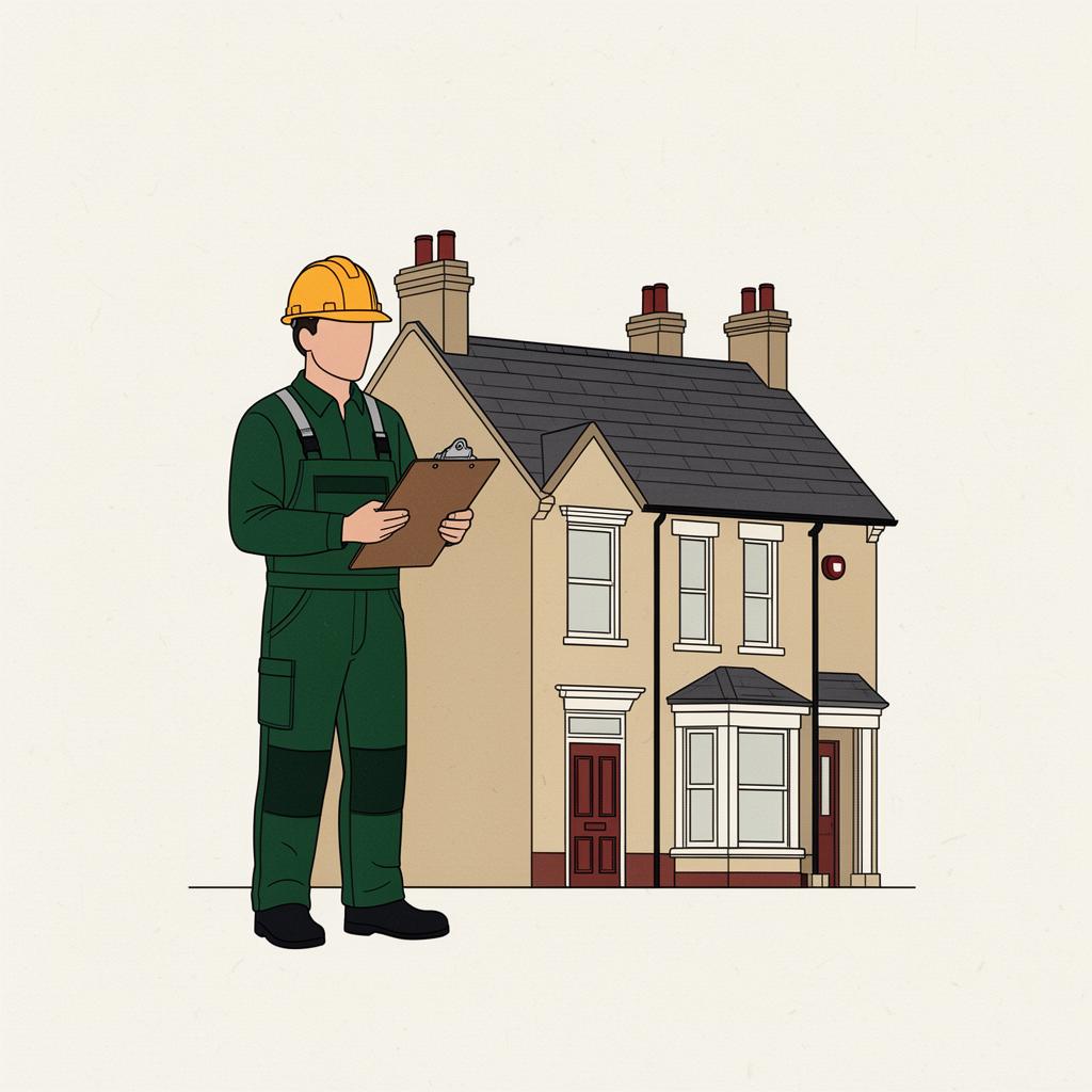 Illustration of a site manager in workwear holding a clipboard outside a UK rental property
